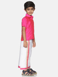 Thumbnail for Sethukrishna Boys Pink & White Solid Shirt and Veshti Set - Distacart