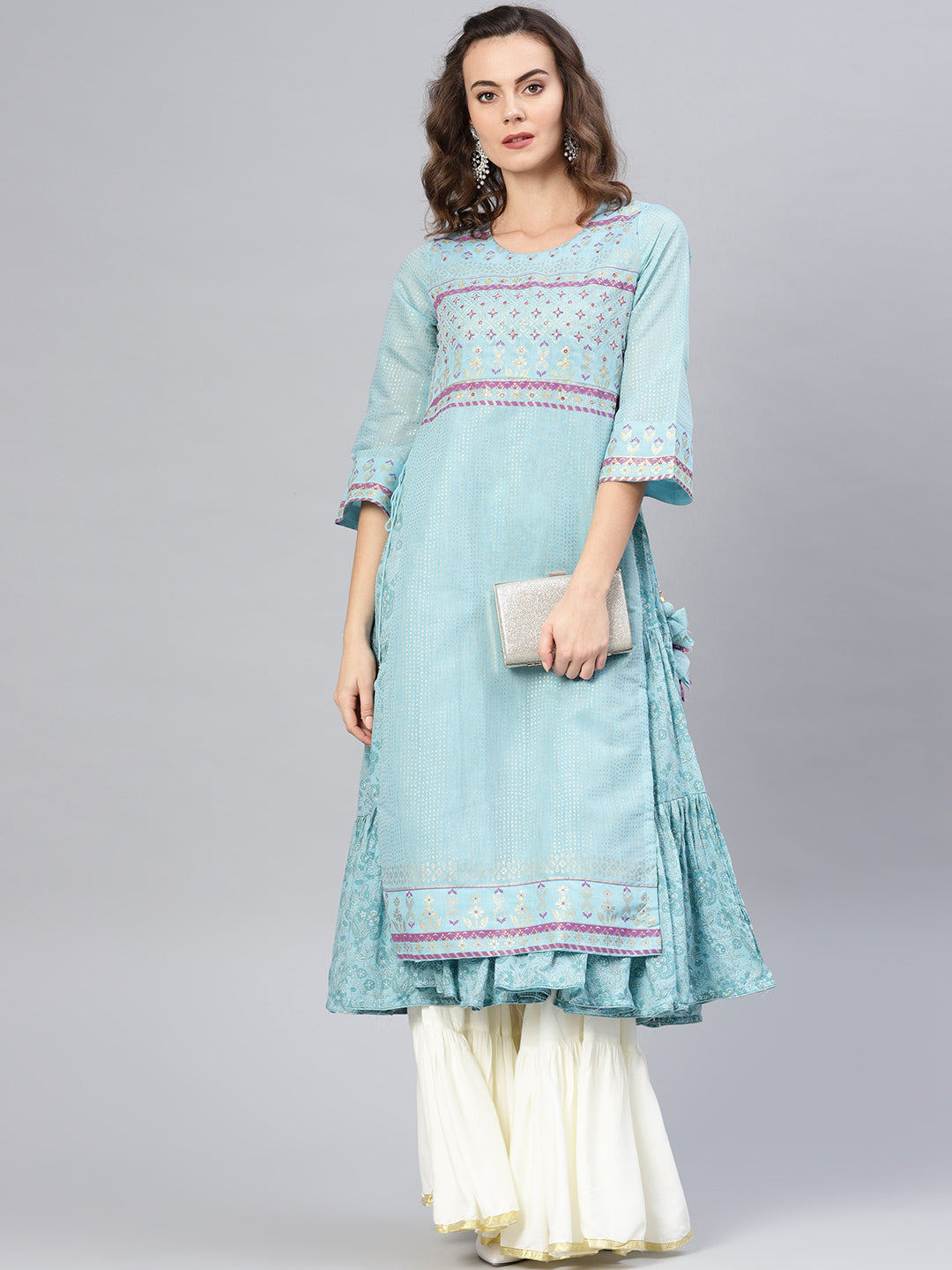 Biba Women Blue & Golden Printed Tiered Layered A-Line Kurta - Distacart