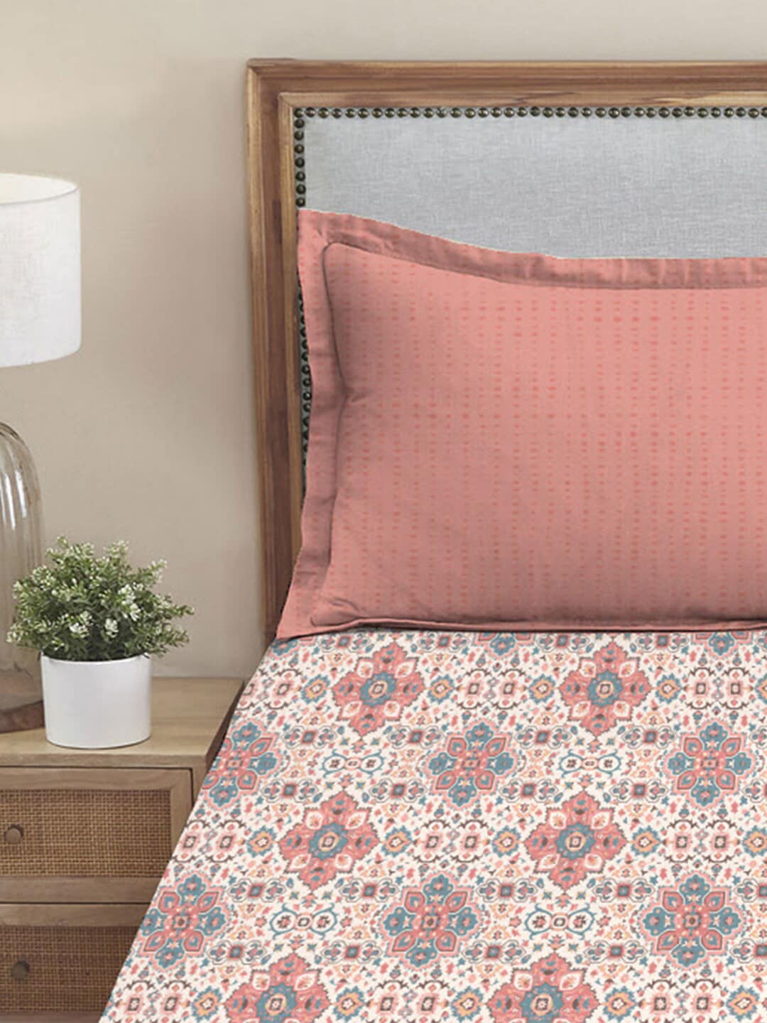 MYTRIDENT Dusk and Dawn Pink Ethnic Motifs Cotton 144 TC Single Bedsheet with 1 Pillow Cover - Distacart