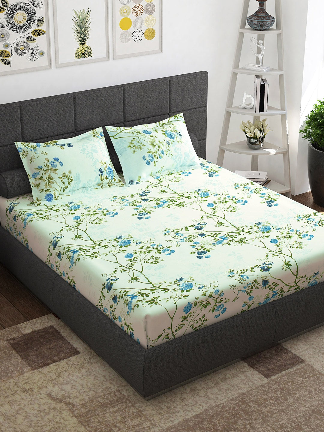 Story@home Ventura Blue & Green Floral Printed 152 TC Queen Bedsheet With 2 Pillow Covers - Distacart