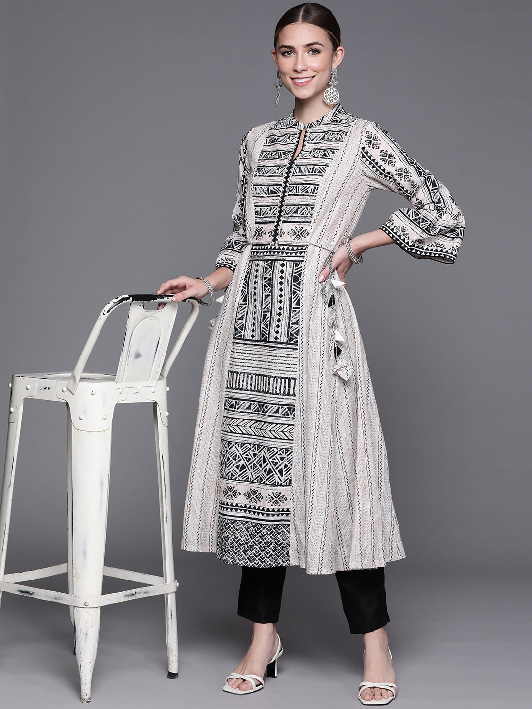 Biba Women Beige & Black Pure Cotton Geometric Printed Bell Sleeves Kurta - Distacart
