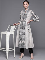 Thumbnail for Biba Women Beige & Black Pure Cotton Geometric Printed Bell Sleeves Kurta - Distacart