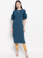Thumbnail for Janasya Teal Blue Geometric Printed Keyhole Neck Flared Sleeves Crepe Kurta - Distacart