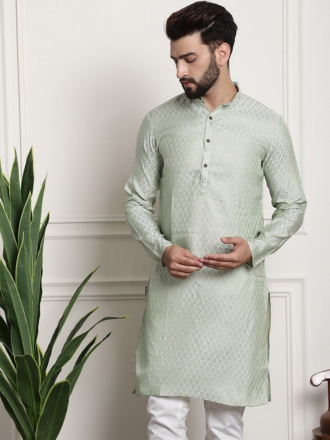Sojanya Men Green & Beige Ethnic Motifs Jacquard Woven Design Straight Kurta - Distacart