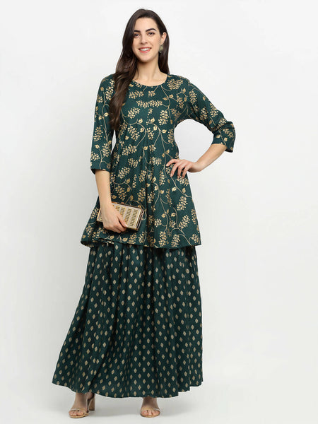 Rudra Bazaar Green Gold Printed Short Kurti With Skirt - Distacart