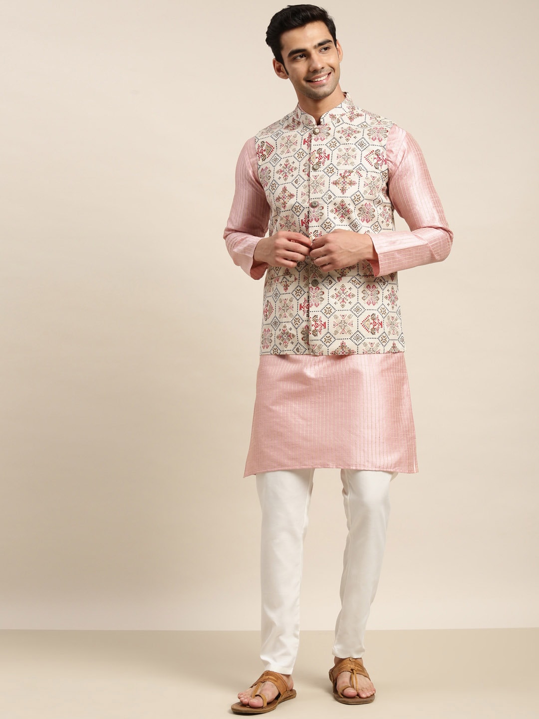 Sojanya Men Pink Solid Kurta & Churidar Comes With a Nehru Jacket - Distacart