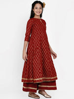 Thumbnail for NOZ2TOZ Maroon & Gold Ethnic Motifs Foil Print Anarkali Kurta With Palazzos For Girls - Distacart