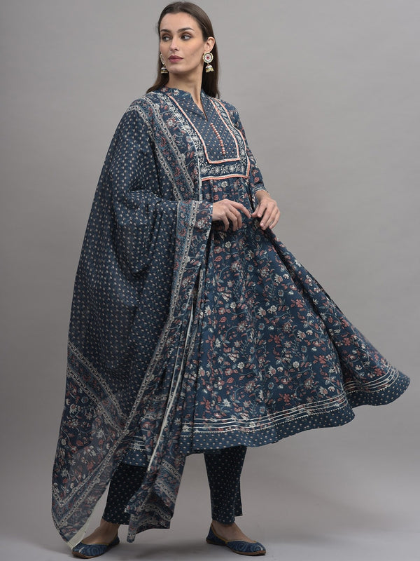 Kalini Women Blue Ethnic Motifs Printed Pure Cotton Kurta with Trousers & Dupatta - Distacart