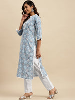 Thumbnail for Sangria Blue Ethnic Motif Printed Pure-Cotton Straight Kurta With Trouser & Dupatta - Distacart