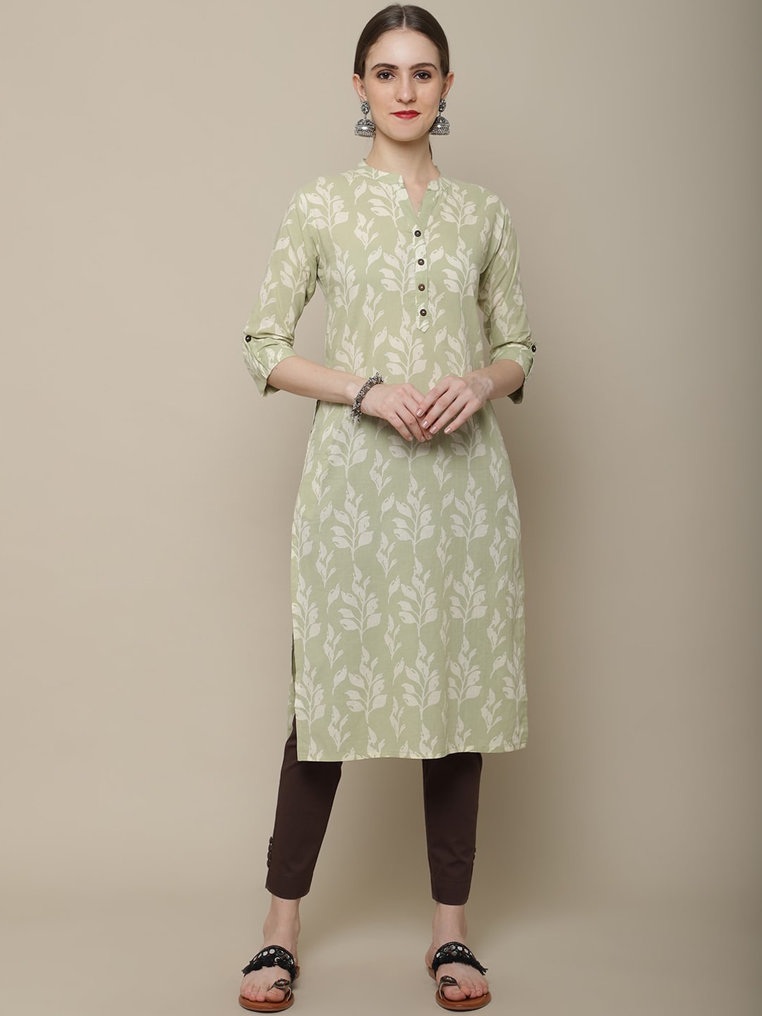 Sangria Women Olive Green & Off White Floral Printed Kurta - Distacart
