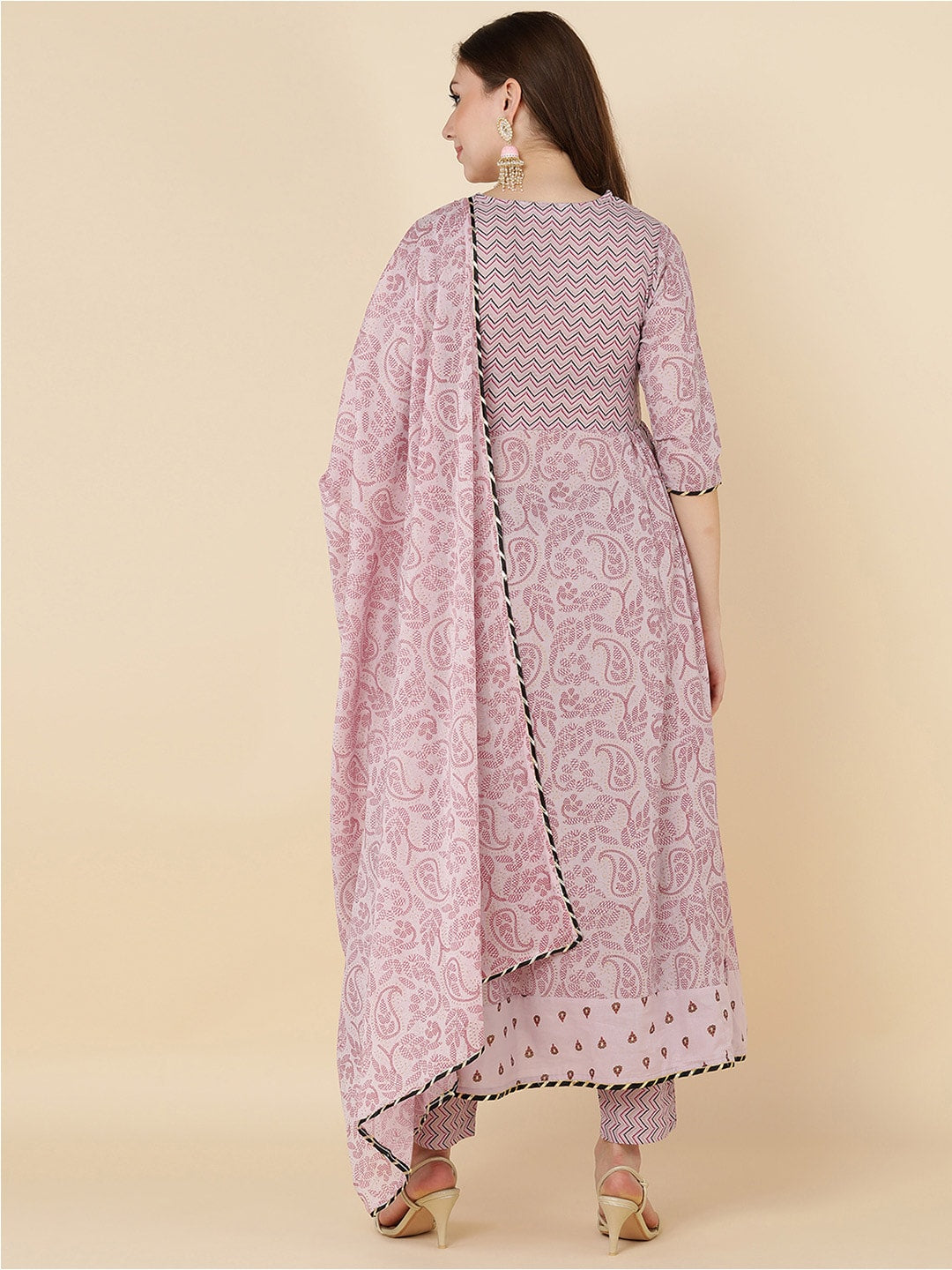 HERE&NOW Women Pink Floral Embroidered Pure Cotton Kurta with Trousers & Dupatta - Distacart