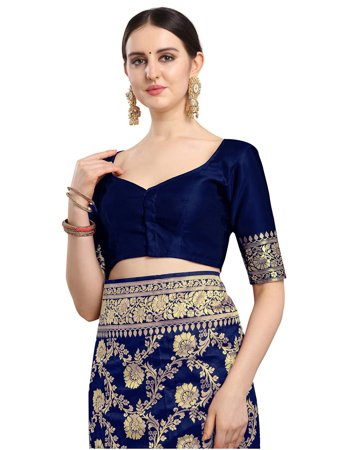 Kalini Navy Blue & Gold-Toned Woven Design Zari Silk Blend Fusion Banarasi Saree - Distacart