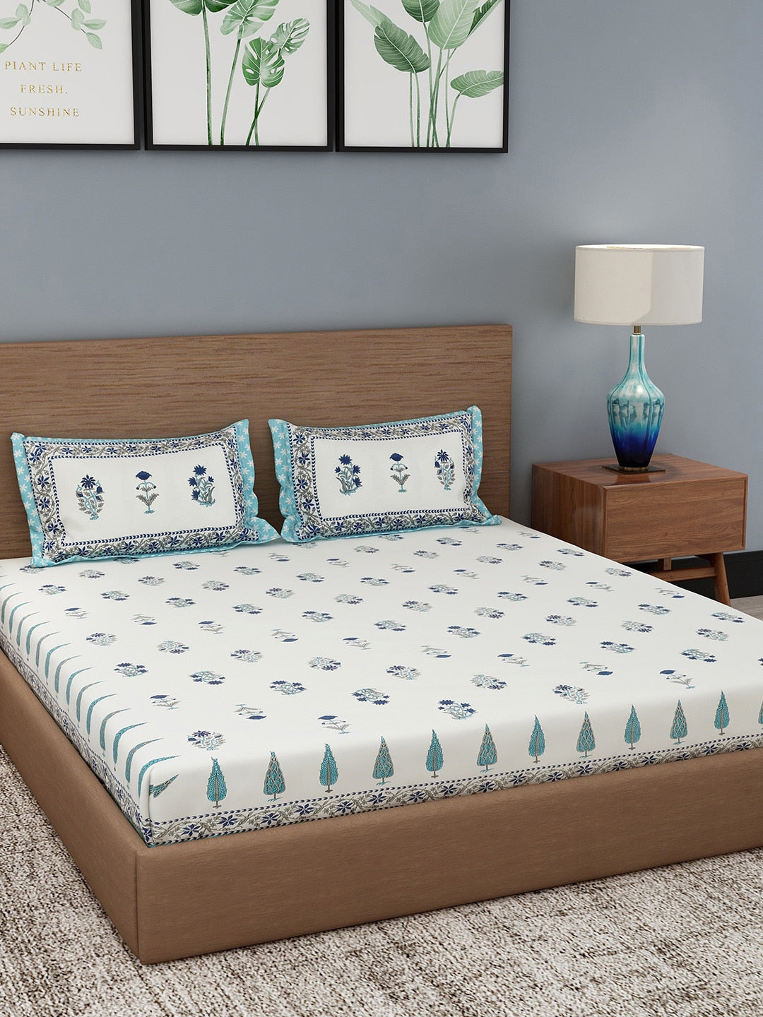 Rajasthan Decor Cream-Coloured & Blue Ethnic Motifs 180 TC Cotton 1 King Bedsheet with 2 Pillow Covers - Distacart