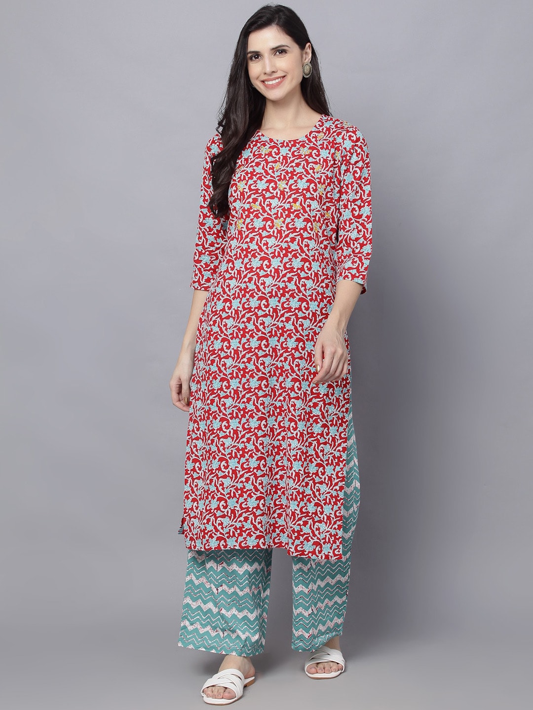 HERE&NOW Women Maroon Printed Kurta With Palazzos - Distacart