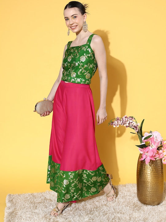 InWeave Women's Green Brocade Strappy Top W Fuchsia Green Brocade Palazzo Set - Distacart