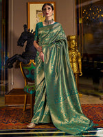 Thumbnail for Mitera Teal & Gold-Toned Woven Design Zari Silk Blend Kanjeevaram Saree - Distacart