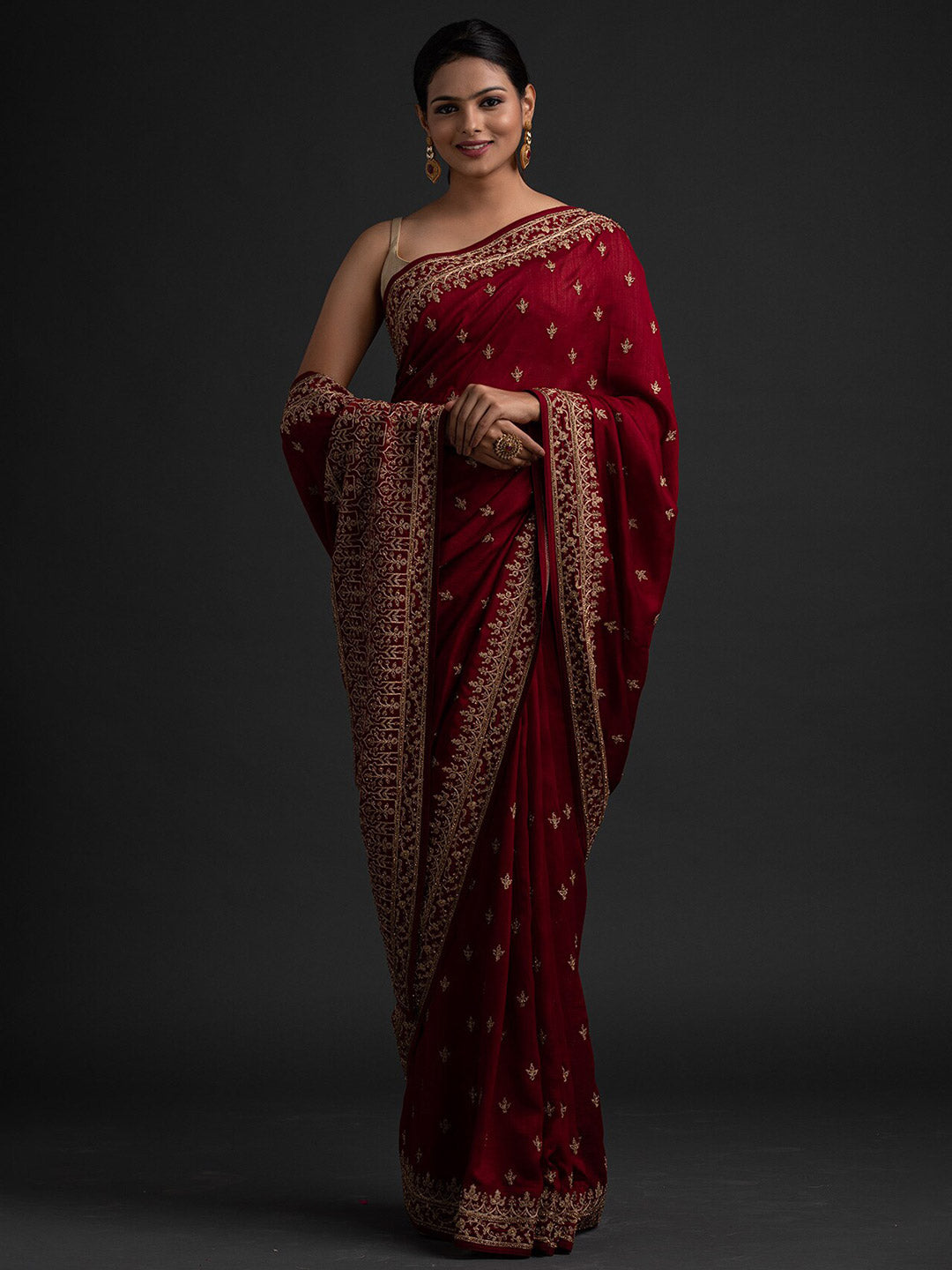 Koskii Maroon & Gold-Toned Designer Embroidered Art Silk Saree - Distacart