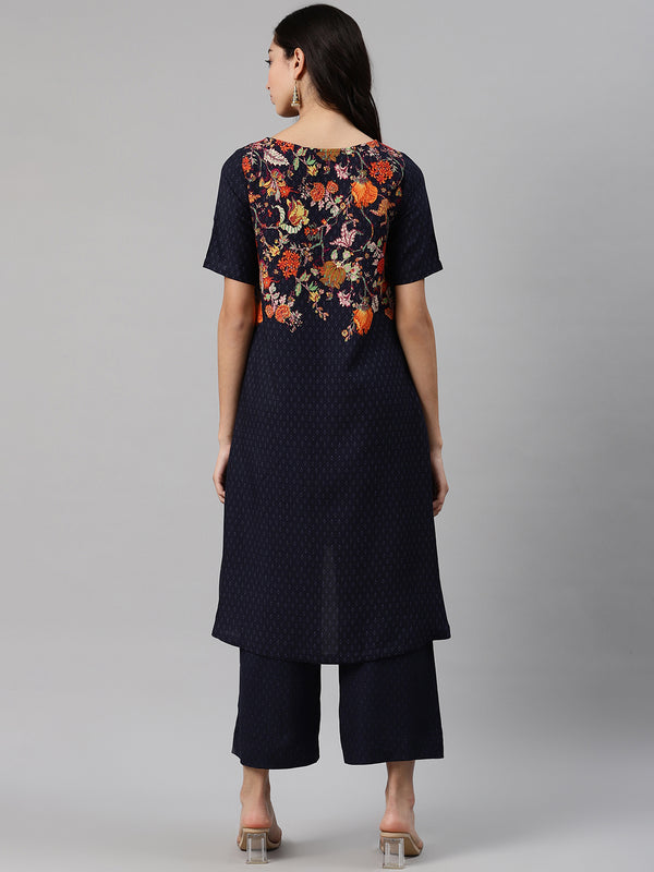 Biba Women Navy Blue Printed Kurta with Palazzos - Distacart
