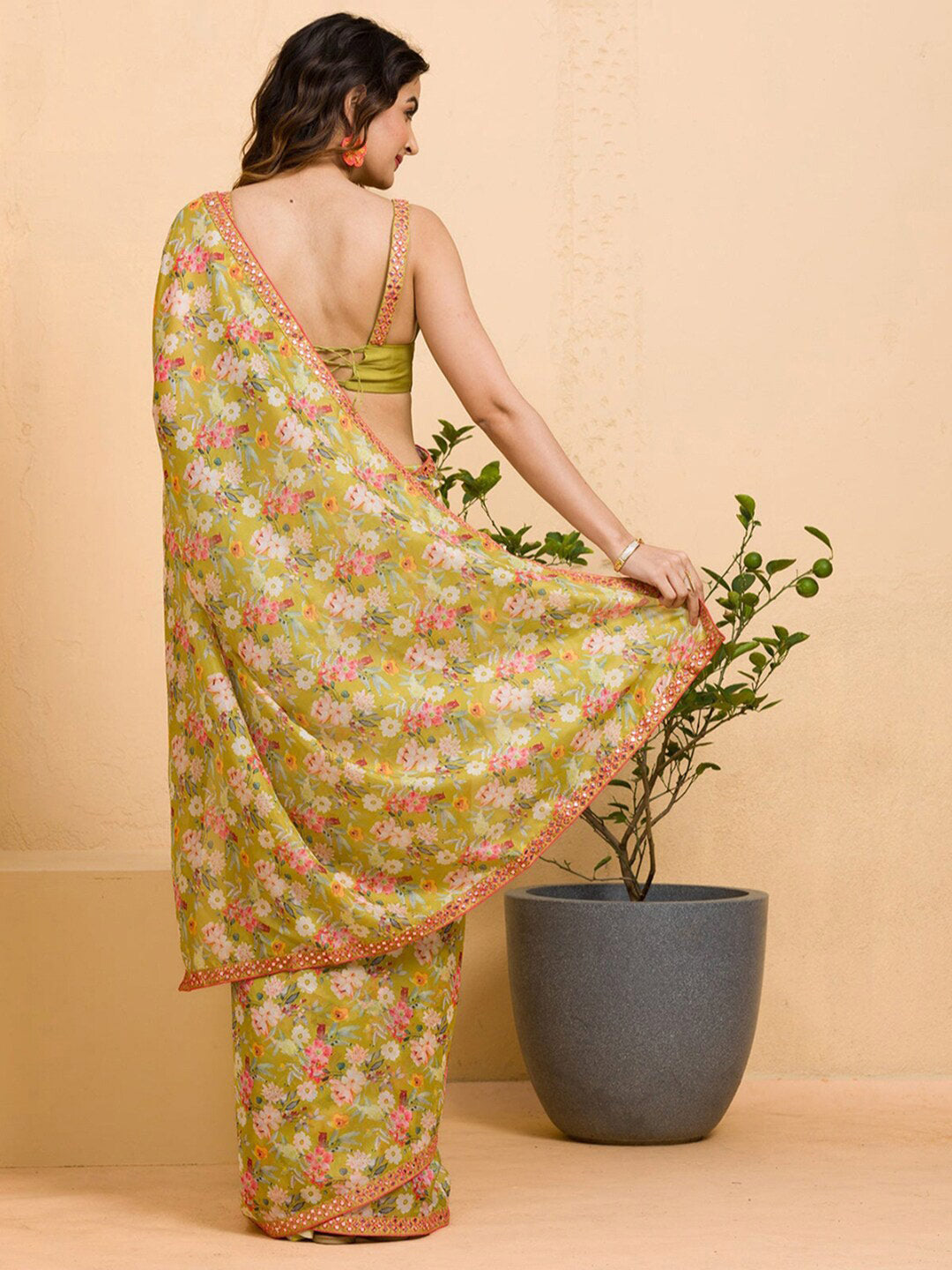 Sangria Floral Printed Mirror Work Saree - Distacart