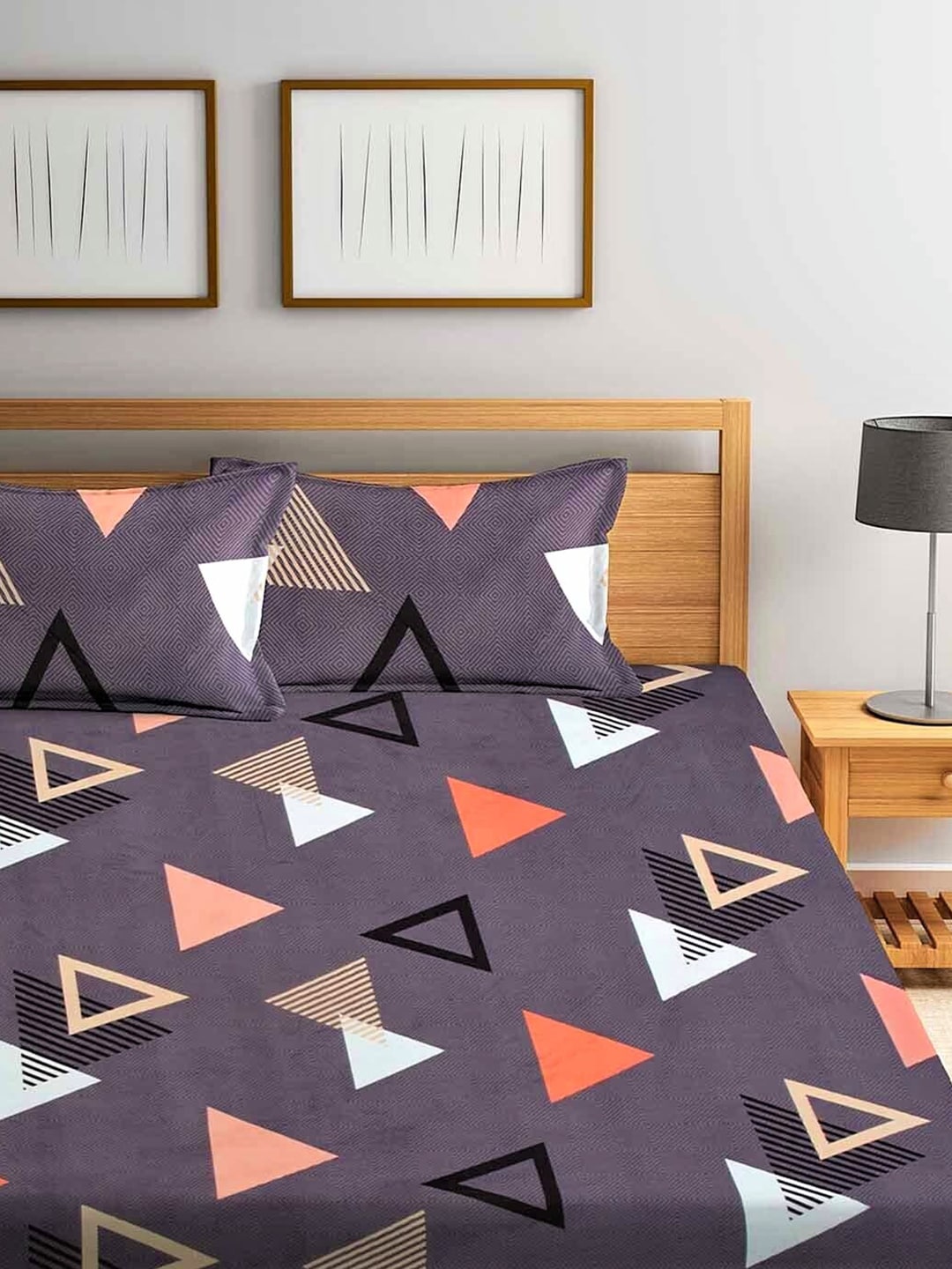 Home Sizzler Purple Geometric 210 TC Cotton 1 Double Queen Bedsheet With 2 Pillow Covers - Distacart