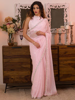 Thumbnail for Koskii Pink & Silver-Toned Striped Beads and Stones Saree - Distacart