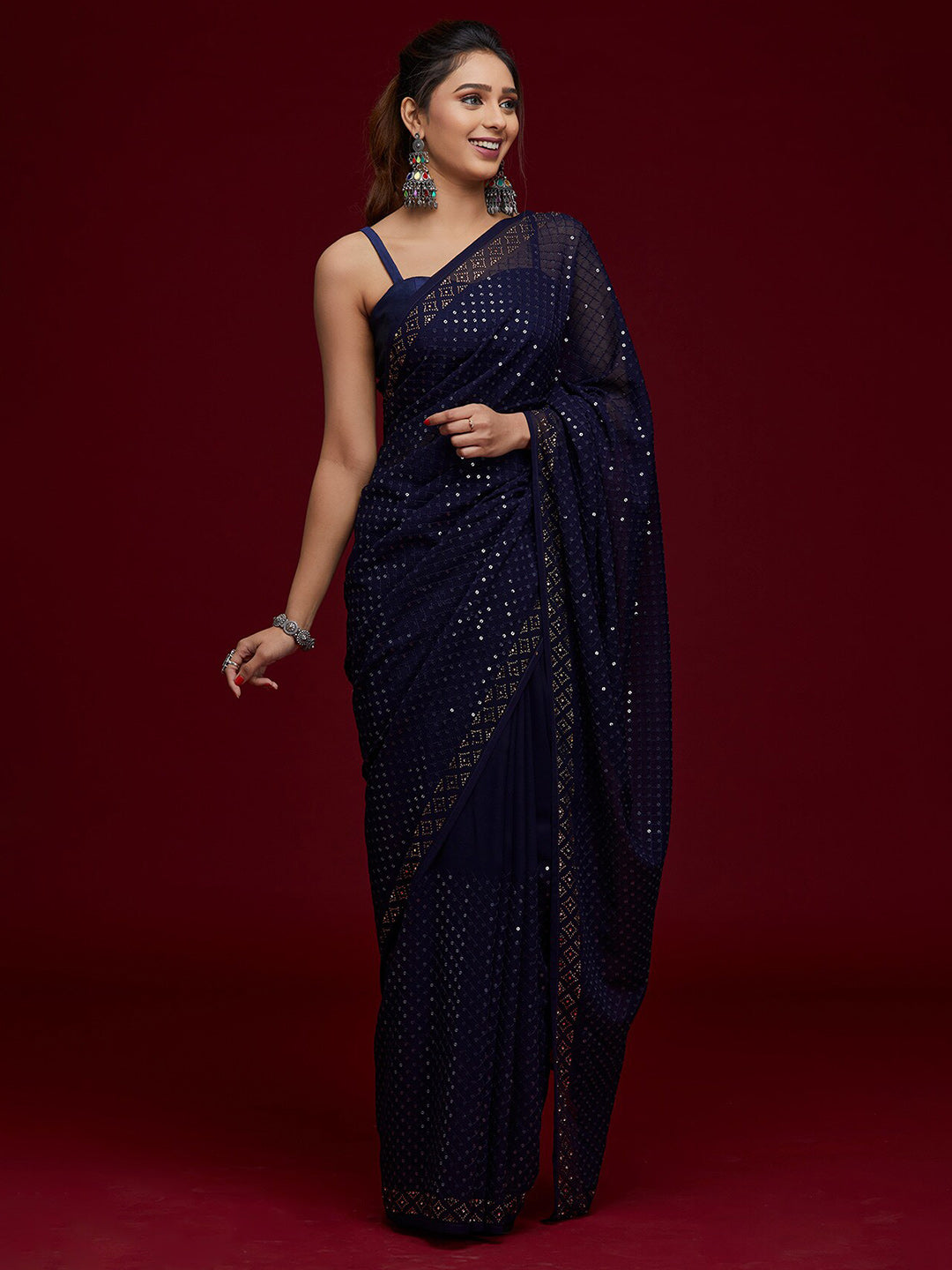 Koskii Navy Blue Embellished Sequinned Saree - Distacart