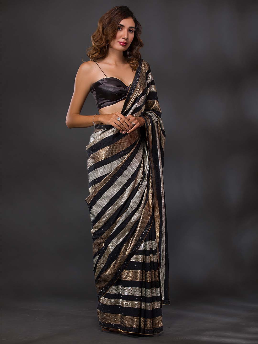 Koskii Black & Gold-Toned Embellished Sequinned Georgette Saree - Distacart