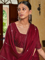 Thumbnail for Mitera Burgundy & Gold-Toned Embellished Mukaish Pure Chiffon Saree - Distacart