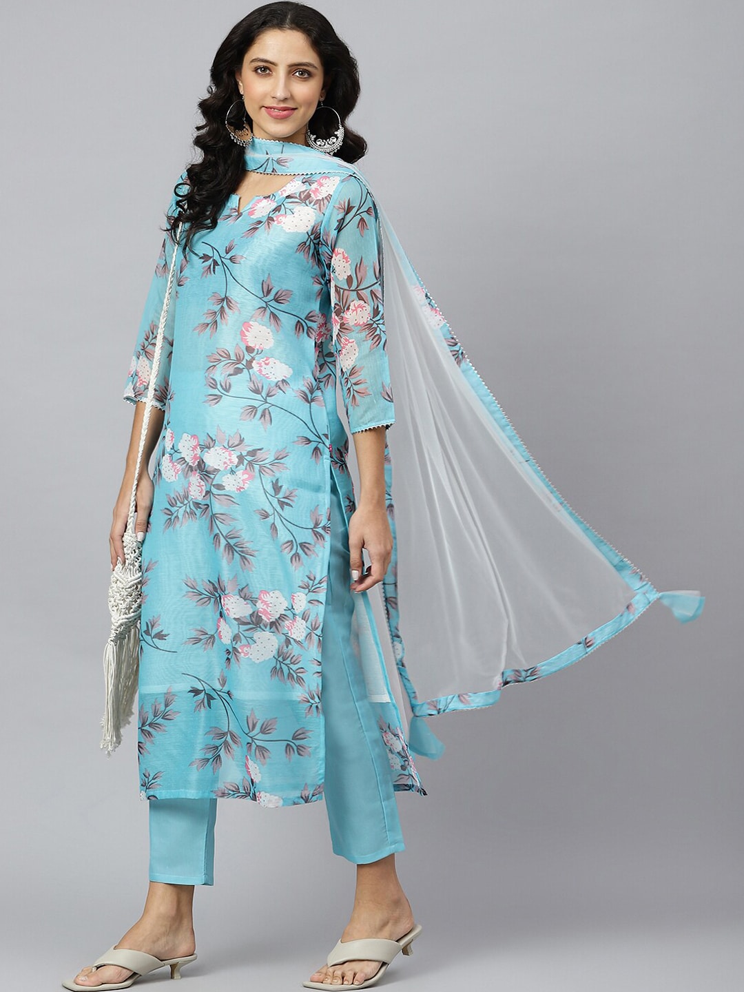 Kalini Women Blue Floral Printed Kurta with Trousers & With Dupatta - Distacart