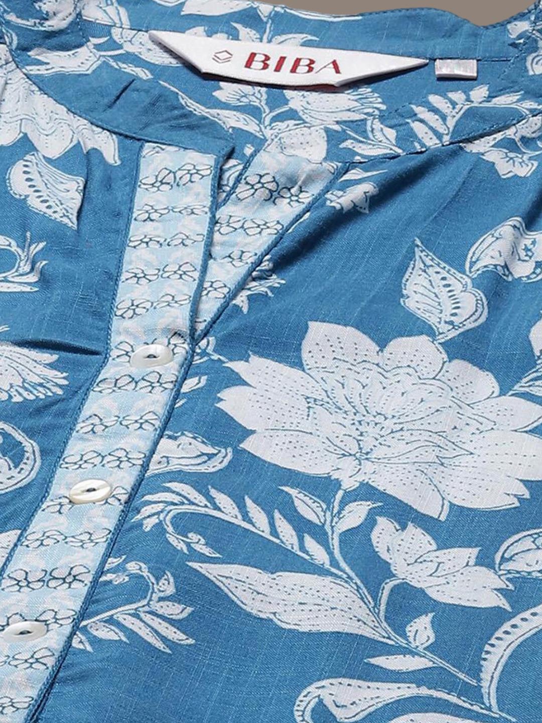 Biba Floral Printed Mandarin Collar Roll-Up Sleeves A-Line Kurta - Distacart