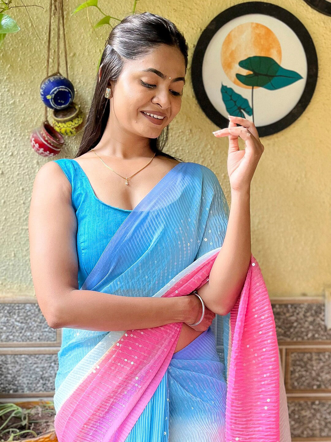 Mitera Blue & Pink Ombre Embellished Pure Georgette Designer Saree - Distacart