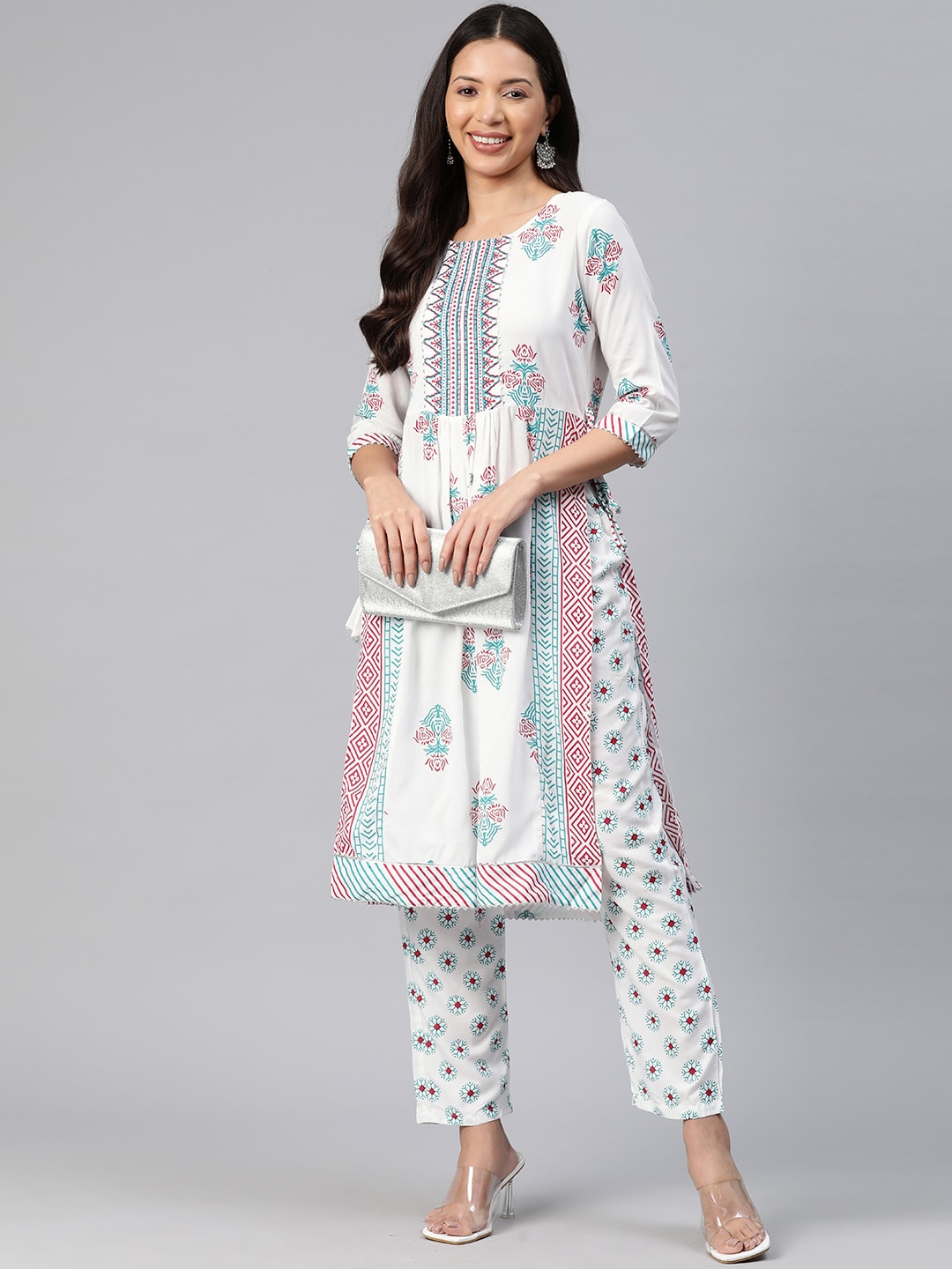 Kalini Floral Printed High Slit Gotta Patti Kurta with Trousers - Distacart