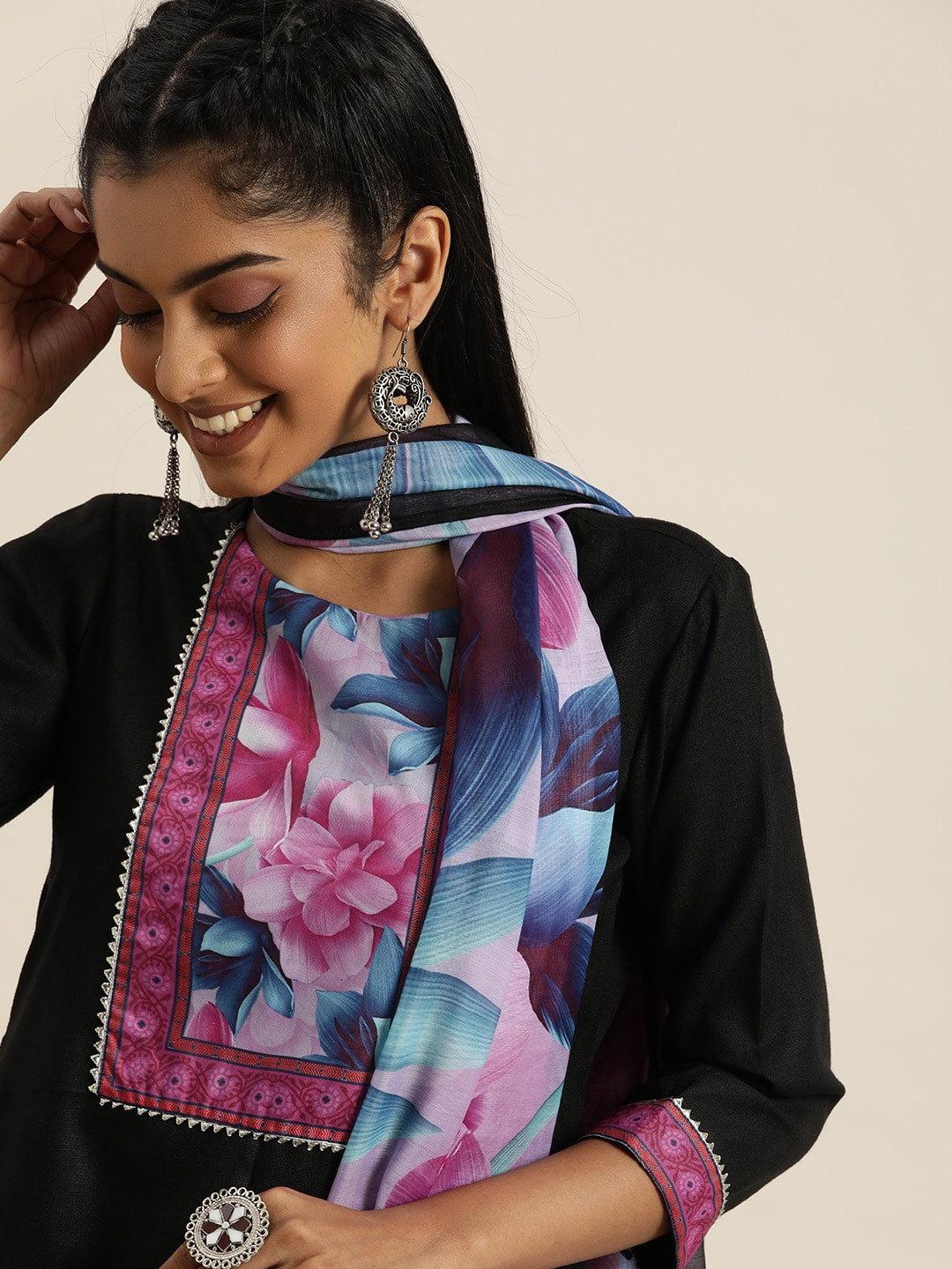 Sangria Women Black Floral Yoke Design Regular Gotta Patti Kurta with Trousers & Dupatta - Distacart