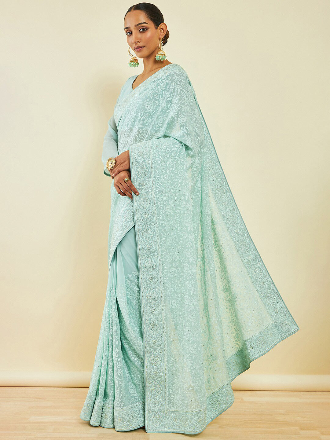 Soch Turquoise Blue Floral Embroidered Saree - Distacart