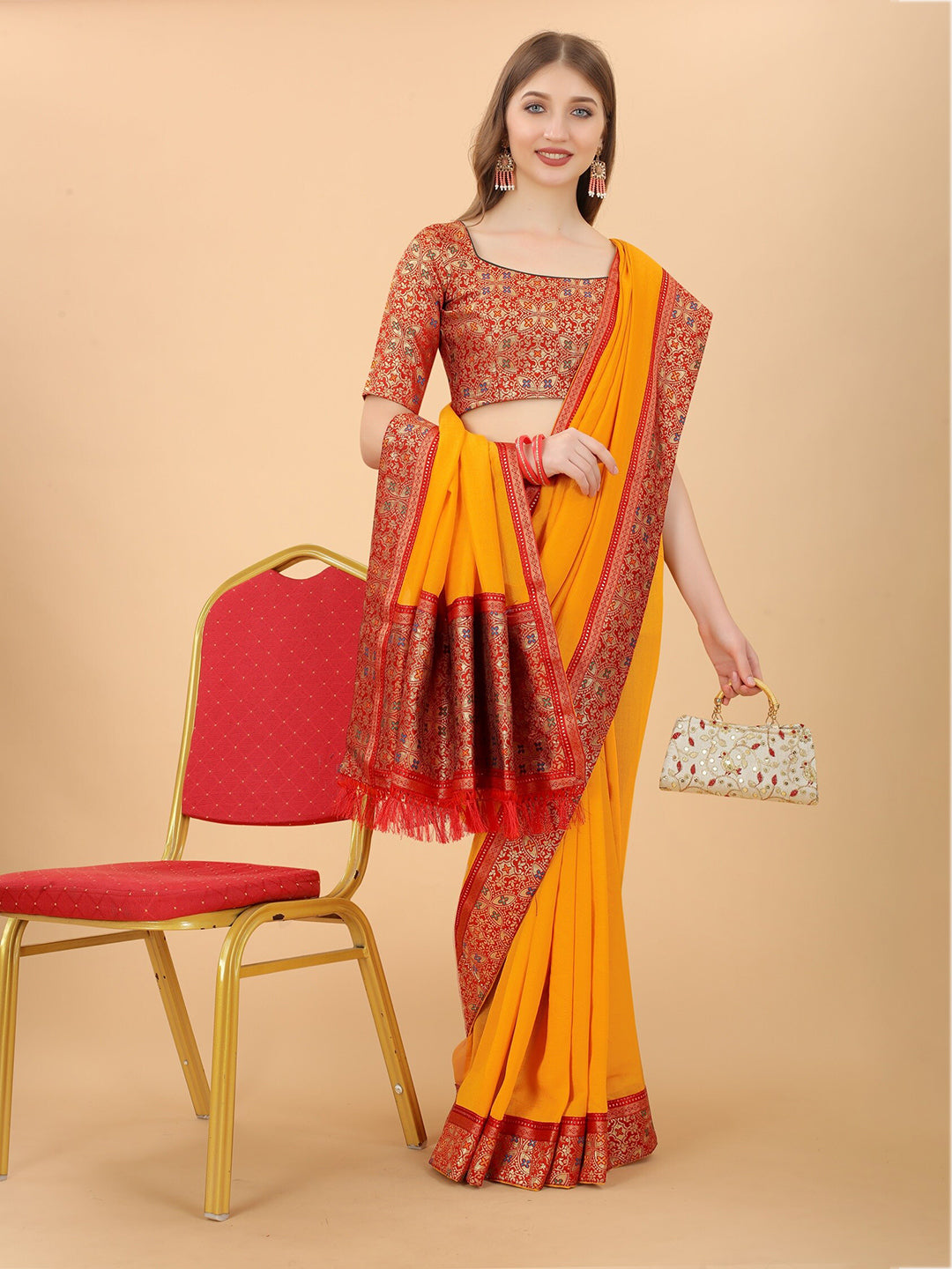 Kalini Yellow & Red Pure Silk Saree - Distacart
