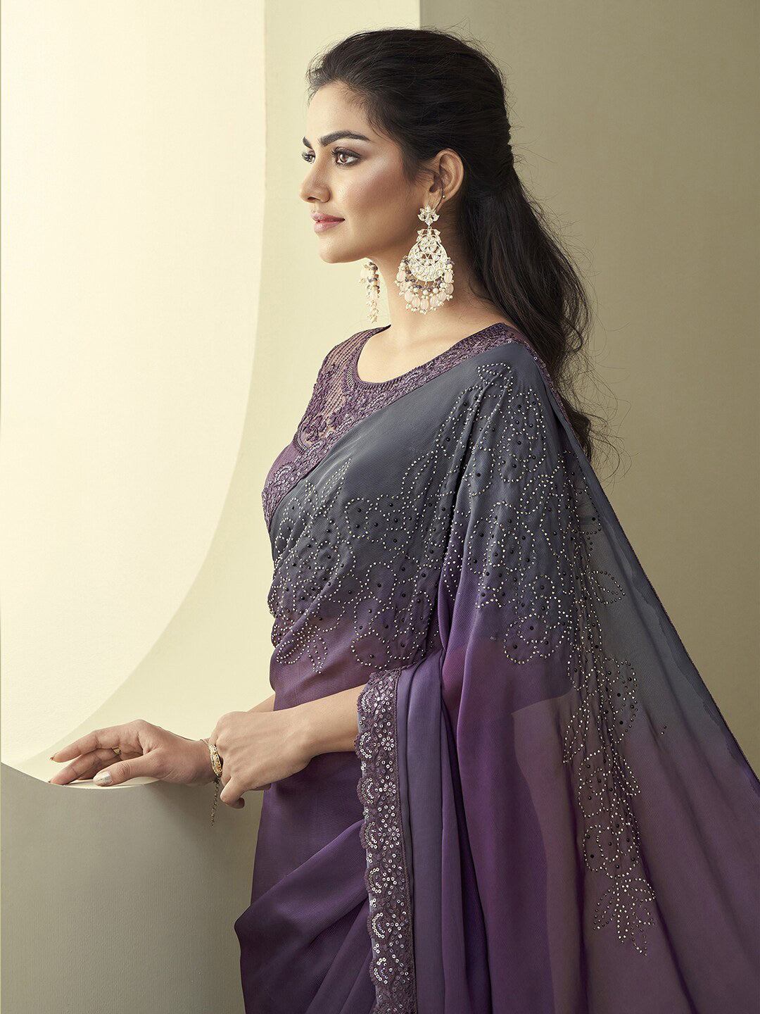 Mitera Violet & Grey Embellished Pure Georgette Saree - Distacart