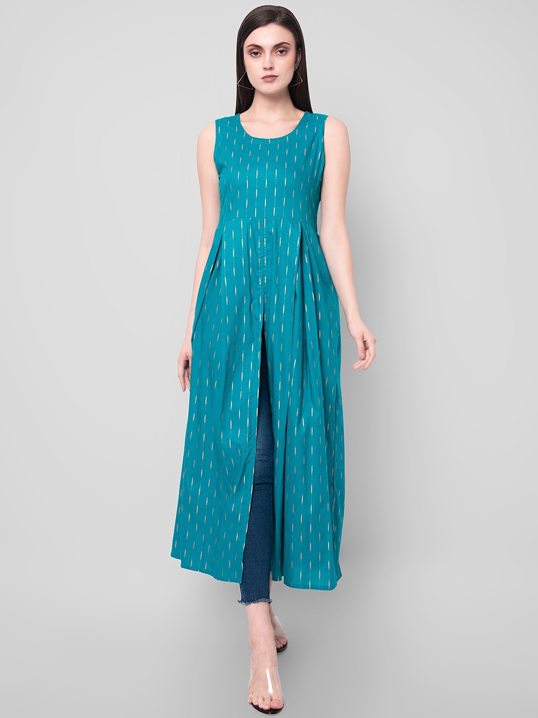 Kalini Women Turquoise Blue Ethnic Motifs High-Slit Kurta - Distacart