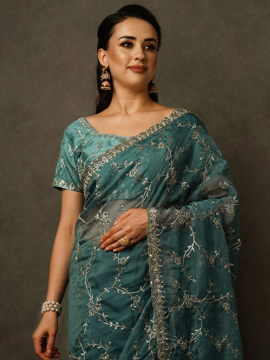 Mitera Floral Embroidered Sequinned Organza Saree - Distacart