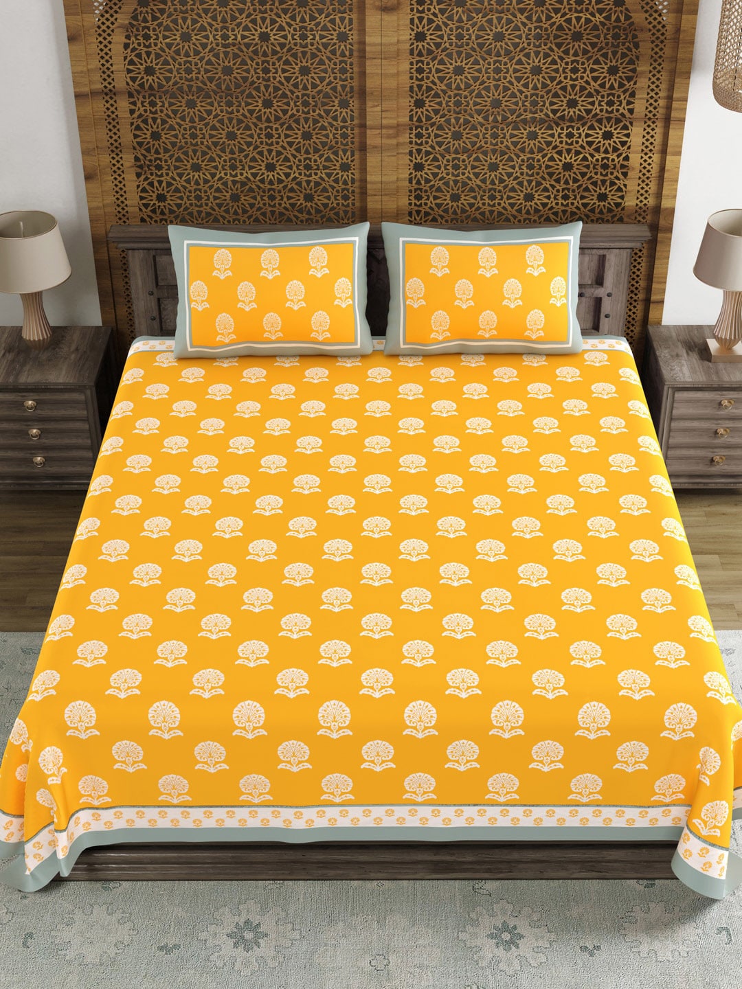 BLOCKS OF INDIA Yellow Ethnic Motifs Cotton 210 TC Super King Bedsheet & 2 Pillow Covers - Distacart