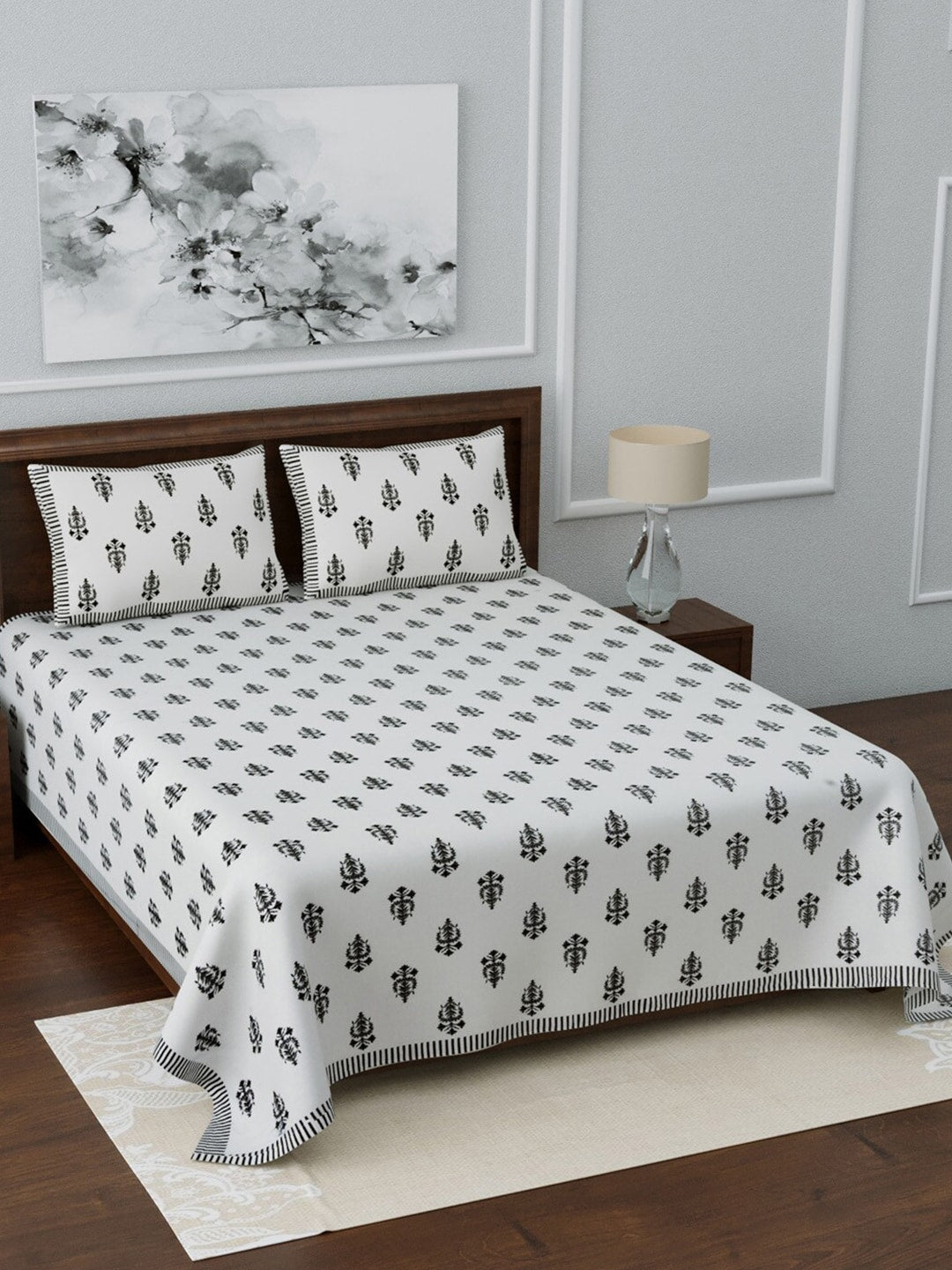 LIVING ROOTS White & Grey Ethnic Motifs 210 TC King Bedsheet with 2 Pillow Covers - Distacart