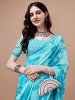 Thumbnail for Sangria Turquoise Blue Floral Printed Pure Chiffon Saree - Distacart