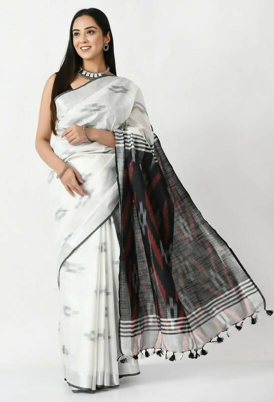 Mominos Fashion Moeza White & Black Bhagalpuri Handloom Ikat Pure Cotton Saree with unstitched Blouse piece - Distacart