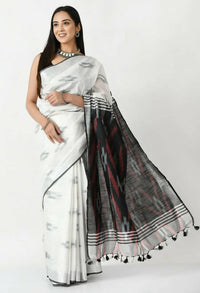 Thumbnail for Mominos Fashion Moeza White & Black Bhagalpuri Handloom Ikat Pure Cotton Saree with unstitched Blouse piece - Distacart