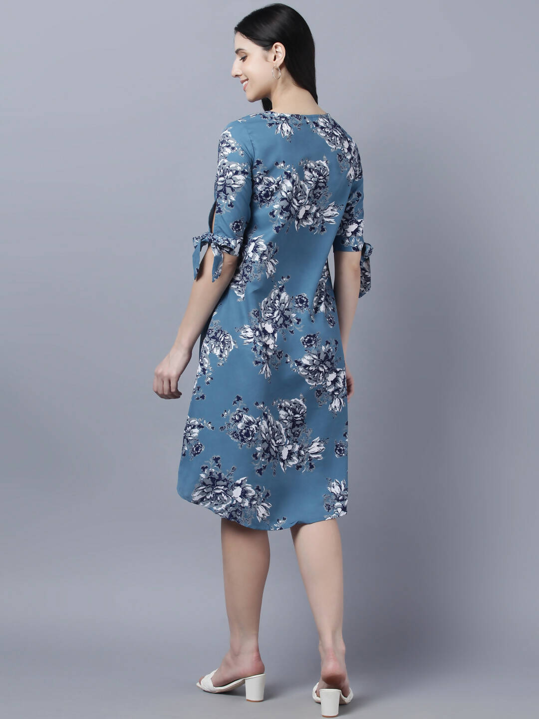 Myshka Women Teal Blue Grey Printed A-line Dress - Distacart