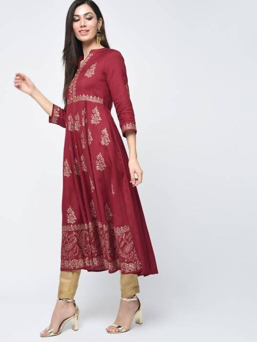 Aniyah Rayon Block Printed Anarkali Kurta In Maroon (AN-116A)