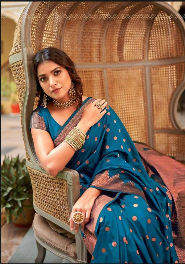 DEIANA'S Beautiful Golden Jari with New Design Soft Lichi Silk Saree - Blue - Distacart