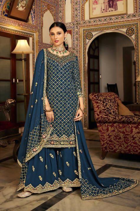 Teal Heavy Chinon Semi Stitched Kurta with Bottom & Dupatta - Dhvani - Distacart