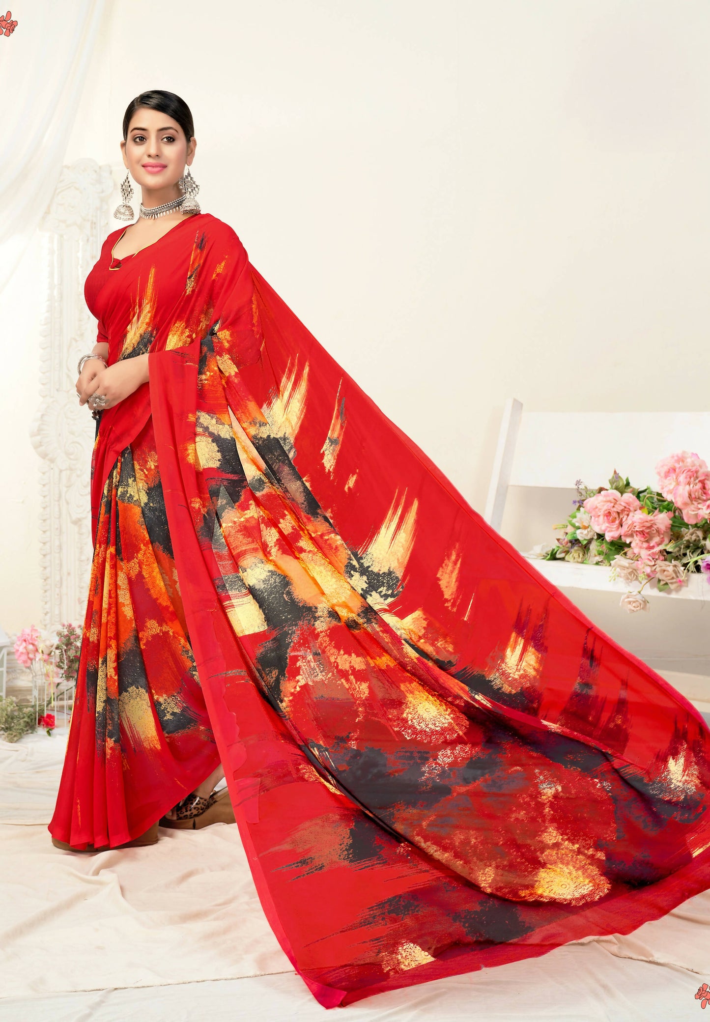 Red Georgette Texture Printed Saree With Unstitched Blouse Piece - Jyoti - Distacart