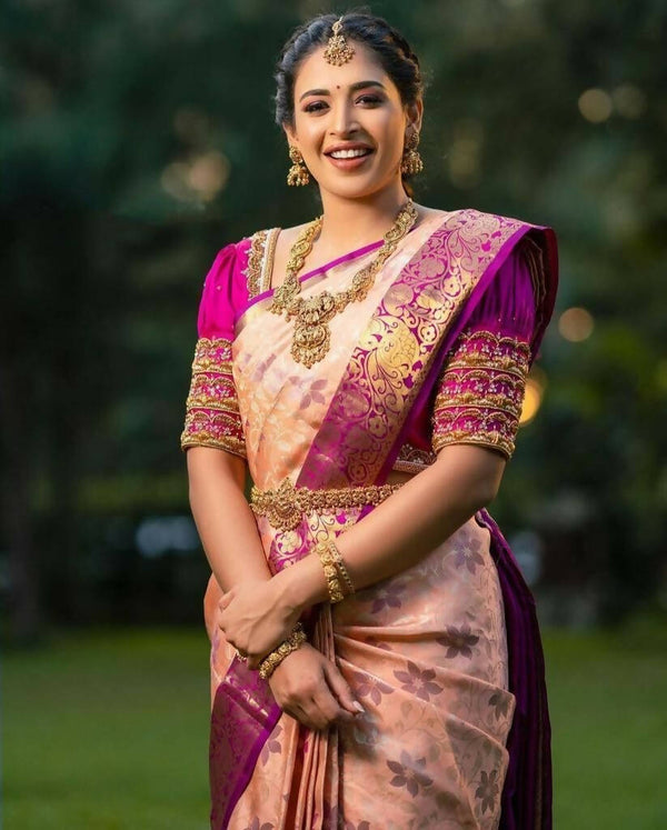 DEIANA'S Beautiful Golden Jari with New Design Soft Lichi Silk Saree - Cream - Distacart