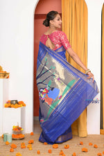 Thumbnail for Very Much Indian Handloom Pure Cotton Paithani -Ink Blue - Distacart